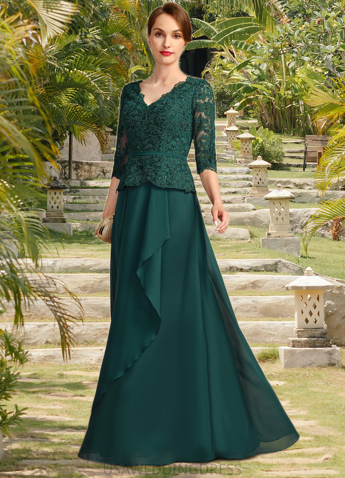 Ainsley A-line V-Neck Floor-Length Chiffon Lace Mother of the Bride Dress With Cascading Ruffles Sequins DS126P0021934