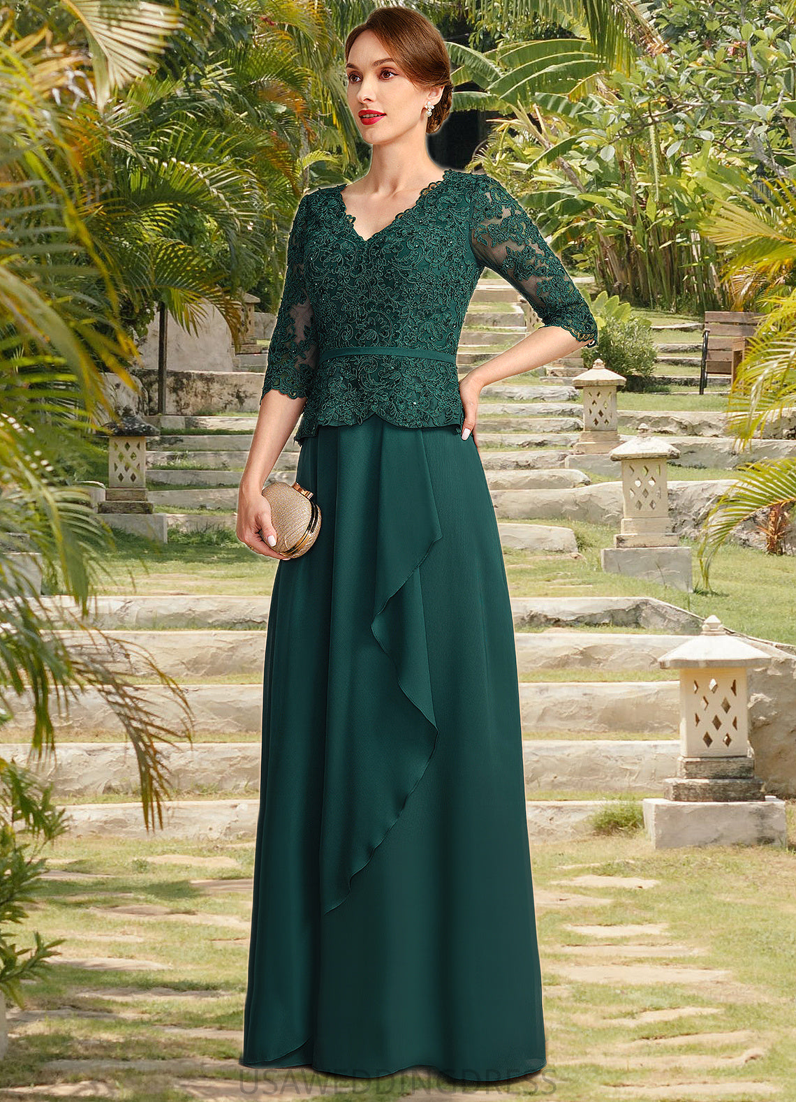 Ainsley A-line V-Neck Floor-Length Chiffon Lace Mother of the Bride Dress With Cascading Ruffles Sequins DS126P0021934