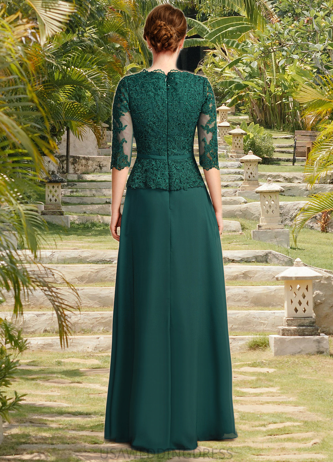 Ainsley A-line V-Neck Floor-Length Chiffon Lace Mother of the Bride Dress With Cascading Ruffles Sequins DS126P0021934