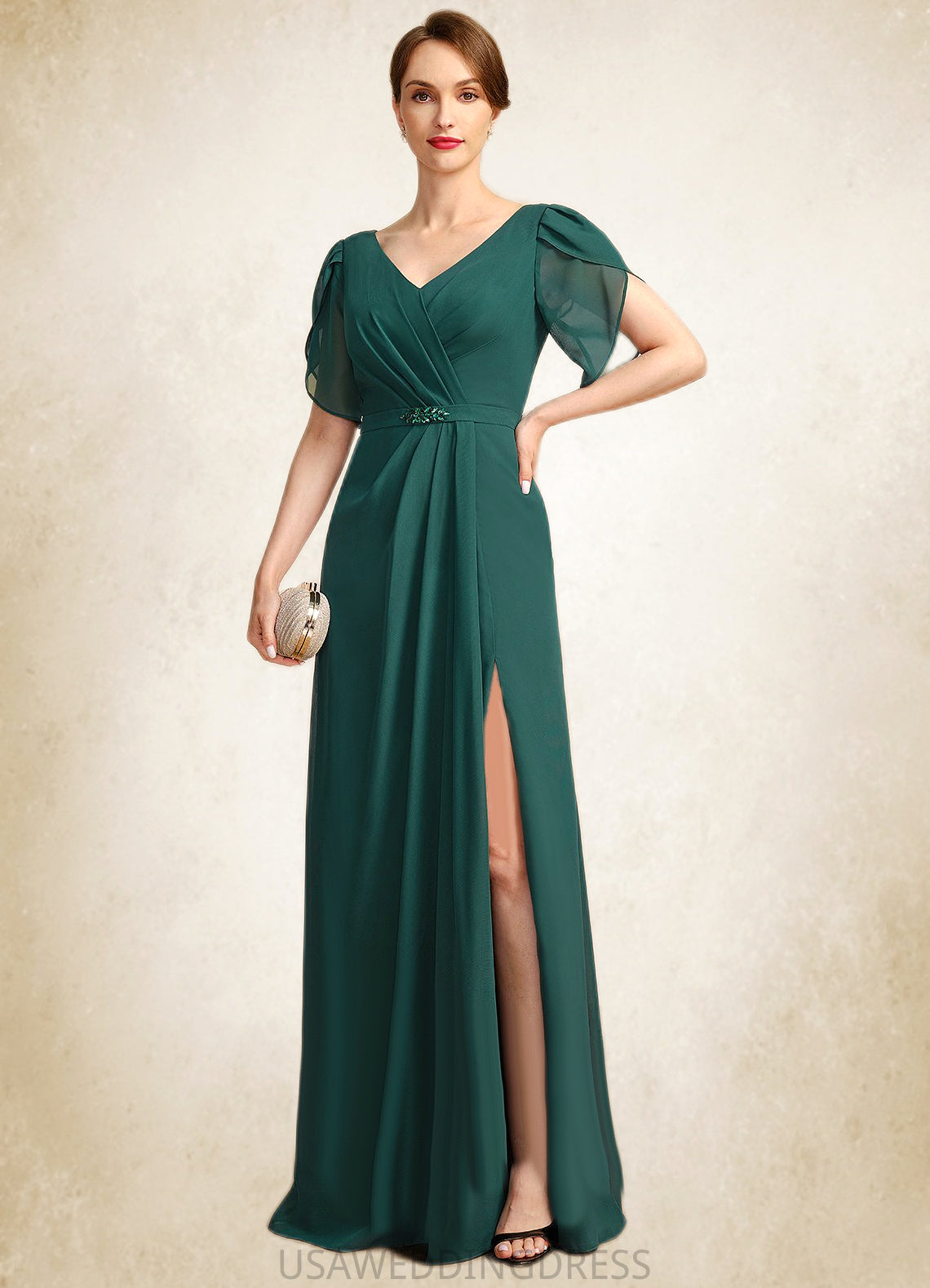 Lydia Sheath/Column V-Neck Floor-Length Chiffon Mother of the Bride Dress With Beading Pleated DS126P0021949