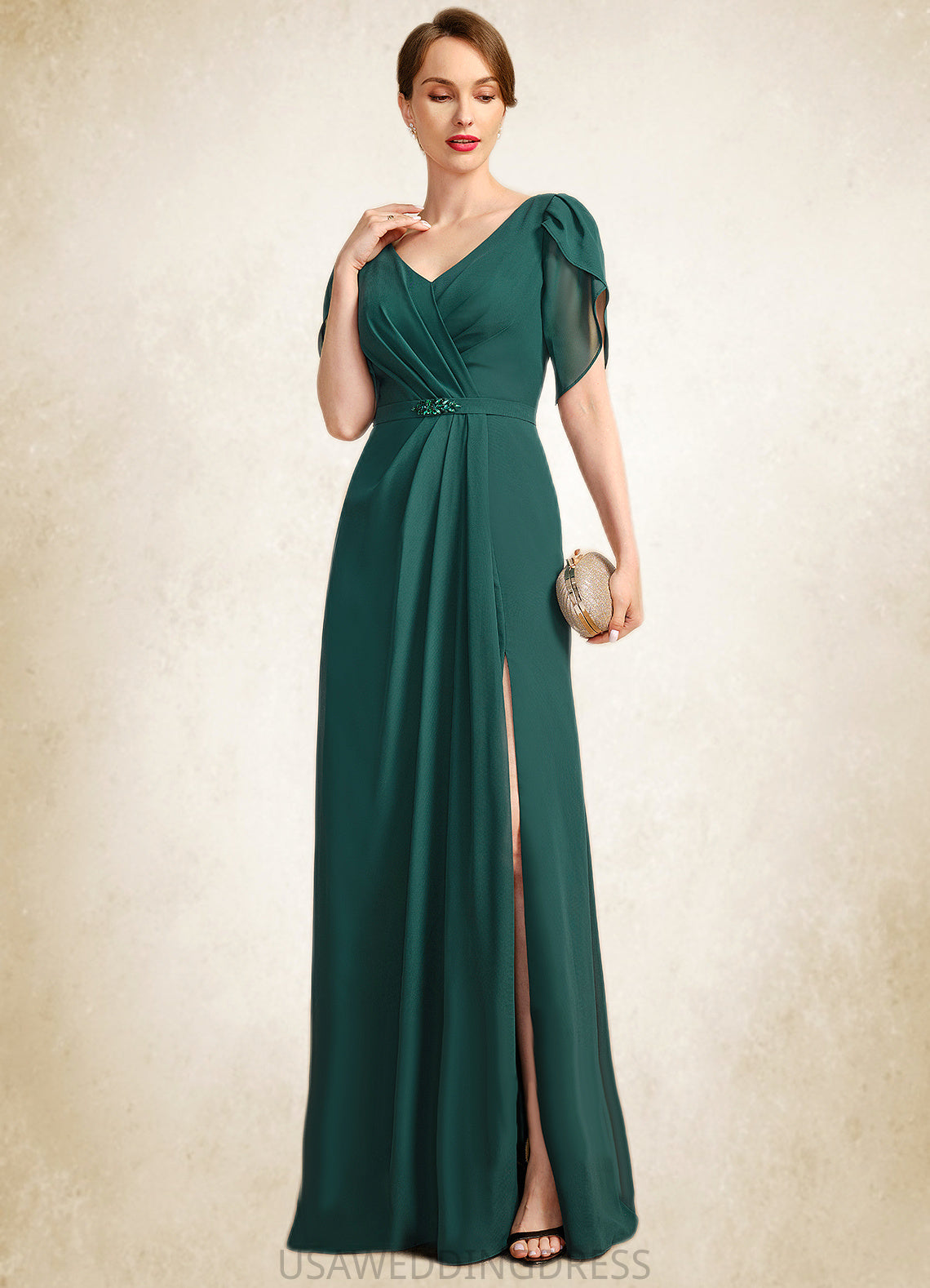 Lydia Sheath/Column V-Neck Floor-Length Chiffon Mother of the Bride Dress With Beading Pleated DS126P0021949