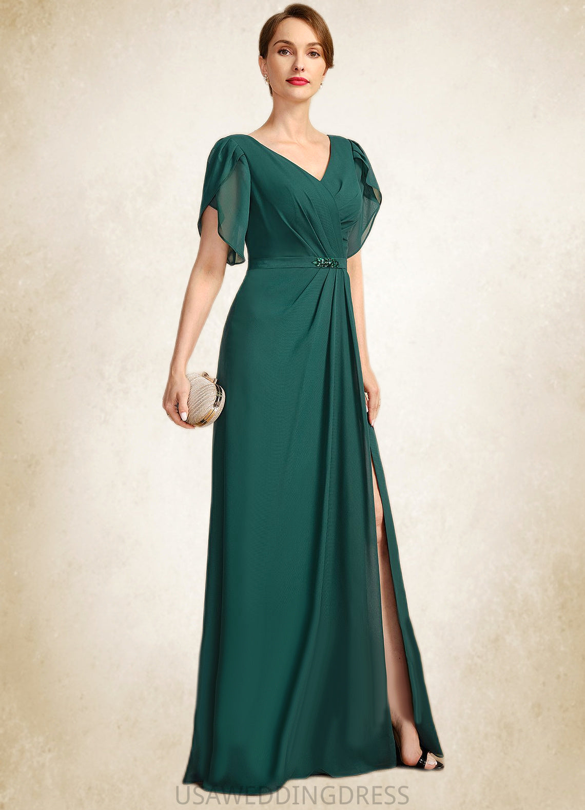 Lydia Sheath/Column V-Neck Floor-Length Chiffon Mother of the Bride Dress With Beading Pleated DS126P0021949