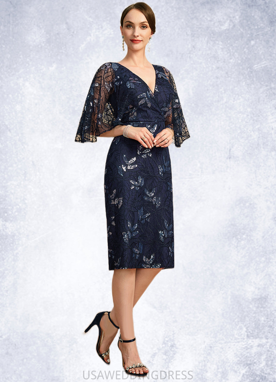 Chloe Sheath/Column V-Neck Knee-Length Lace Mother of the Bride Dress With Sequins DS126P0021957