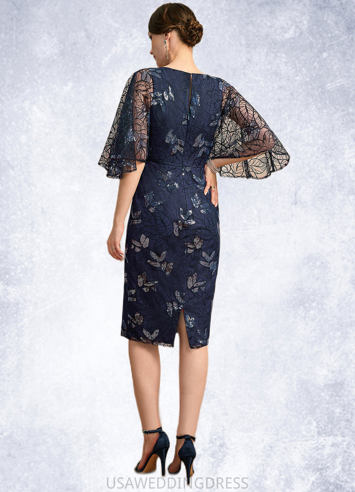 Chloe Sheath/Column V-Neck Knee-Length Lace Mother of the Bride Dress With Sequins DS126P0021957