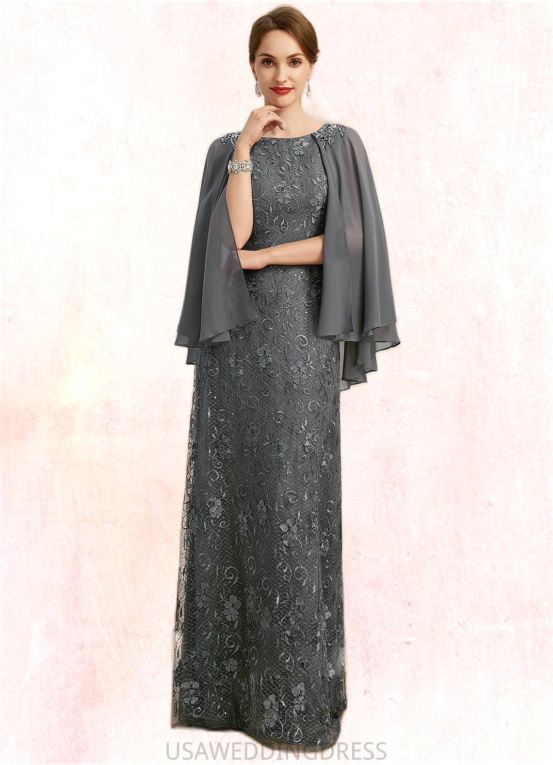 Kennedy Sheath/Column Scoop Floor-Length Chiffon Lace Mother of the Bride Dress With Beading Sequins DS126P0021962