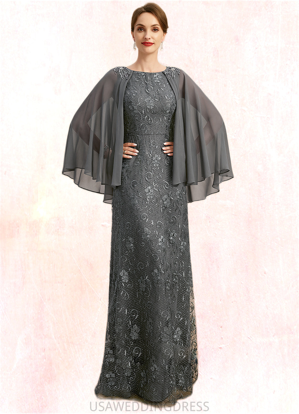 Kennedy Sheath/Column Scoop Floor-Length Chiffon Lace Mother of the Bride Dress With Beading Sequins DS126P0021962