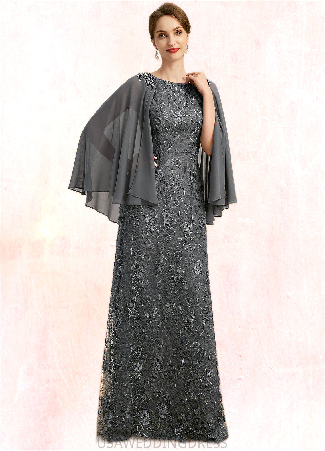 Kennedy Sheath/Column Scoop Floor-Length Chiffon Lace Mother of the Bride Dress With Beading Sequins DS126P0021962