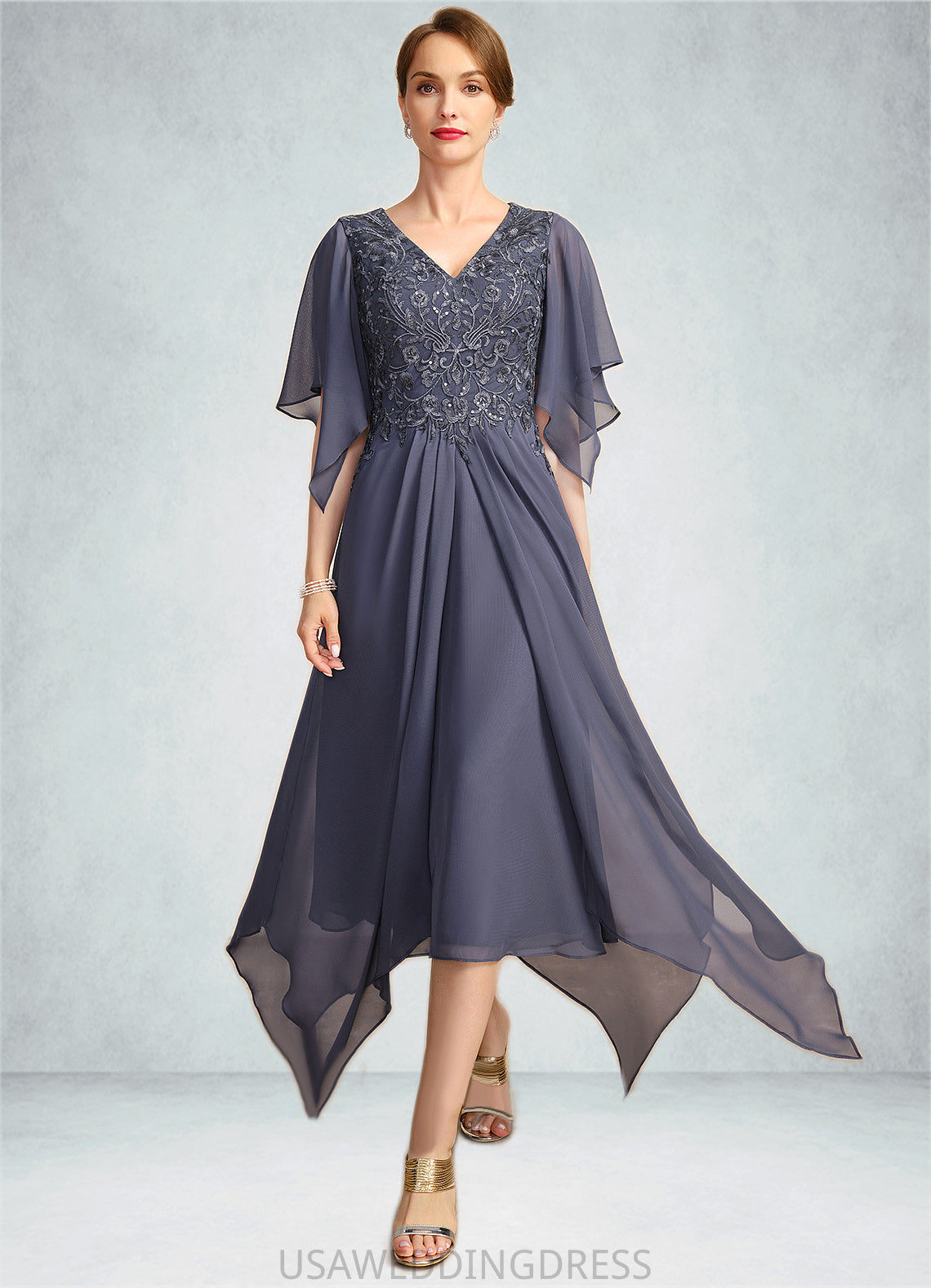 Patience A-line V-Neck Floor-Length Chiffon Lace Mother of the Bride Dress With Sequins DS126P0021963