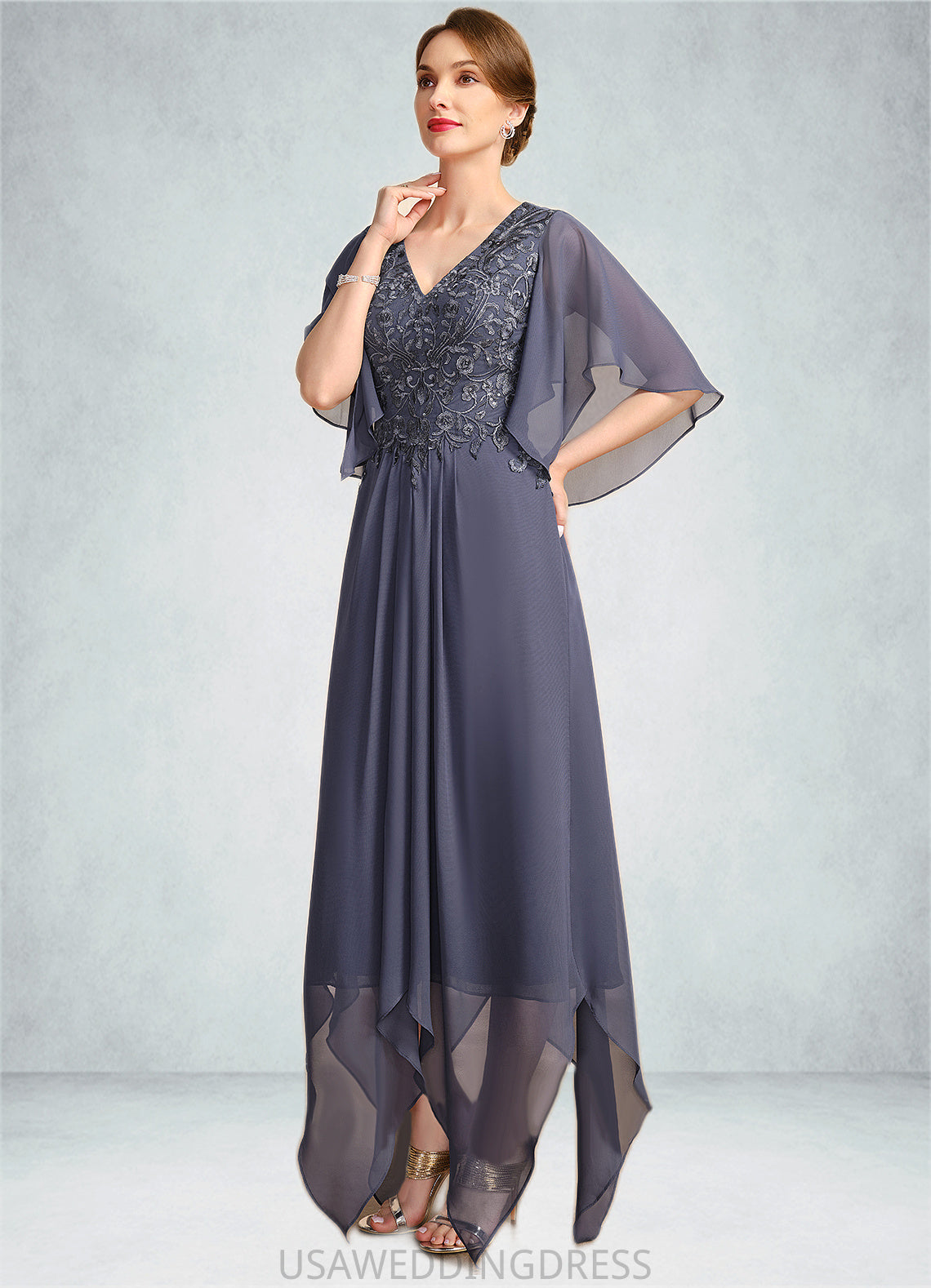 Patience A-line V-Neck Floor-Length Chiffon Lace Mother of the Bride Dress With Sequins DS126P0021963