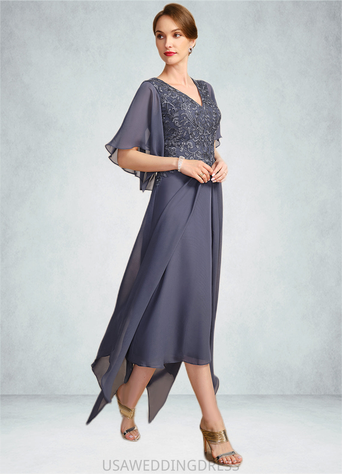 Patience A-line V-Neck Floor-Length Chiffon Lace Mother of the Bride Dress With Sequins DS126P0021963