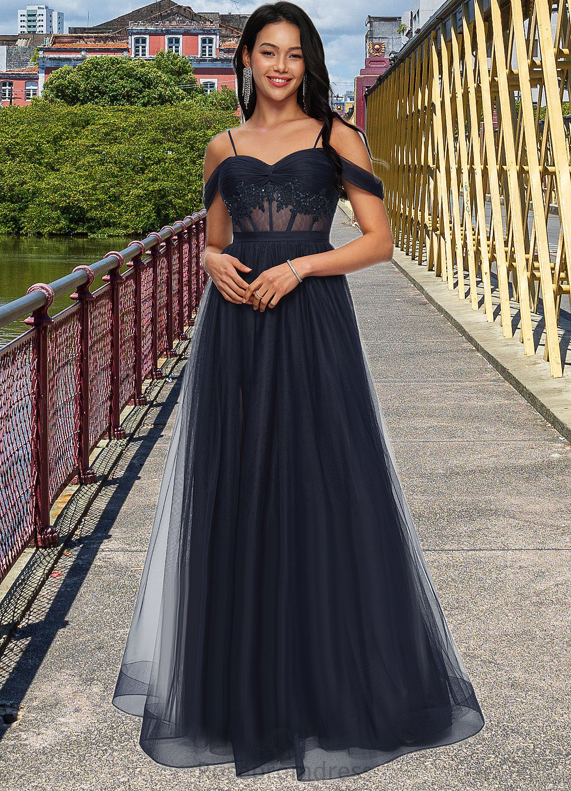 Adalyn Ball-Gown/Princess Off the Shoulder Floor-Length Tulle Prom Dresses With Appliques Lace Sequins SRSP0022221