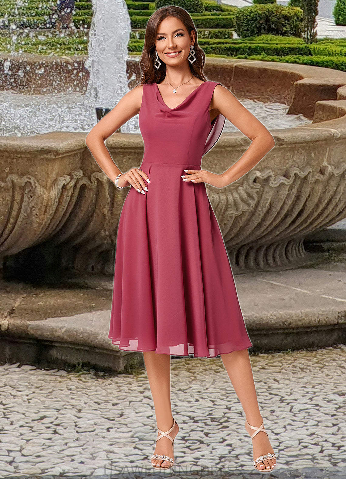 Hope A-line Cowl Knee-Length Chiffon Cocktail Dress With Ruffle DSP0022232