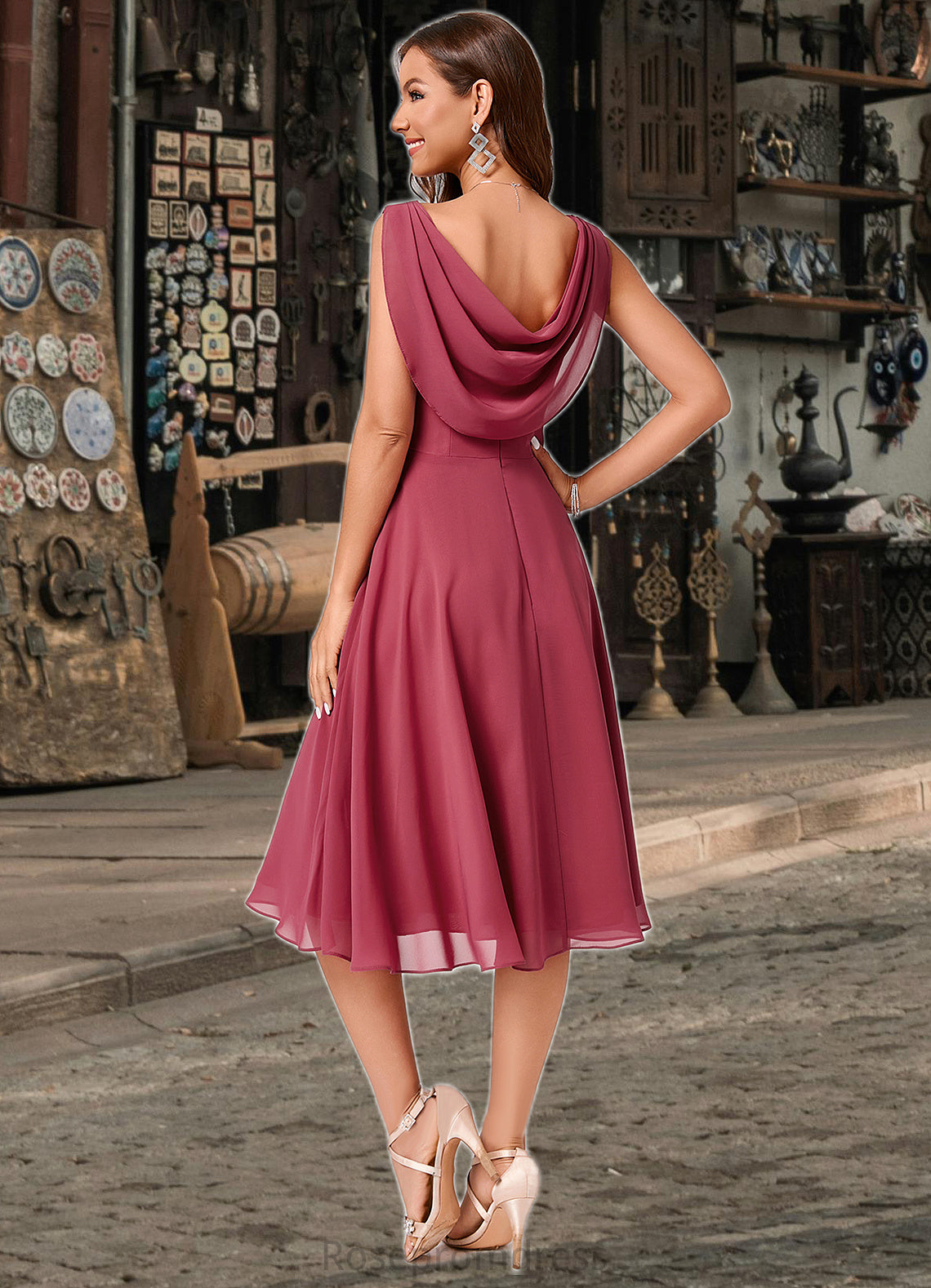 Theresa A-line Cowl Knee-Length Chiffon Cocktail Dress With Ruffle SRSP0022232
