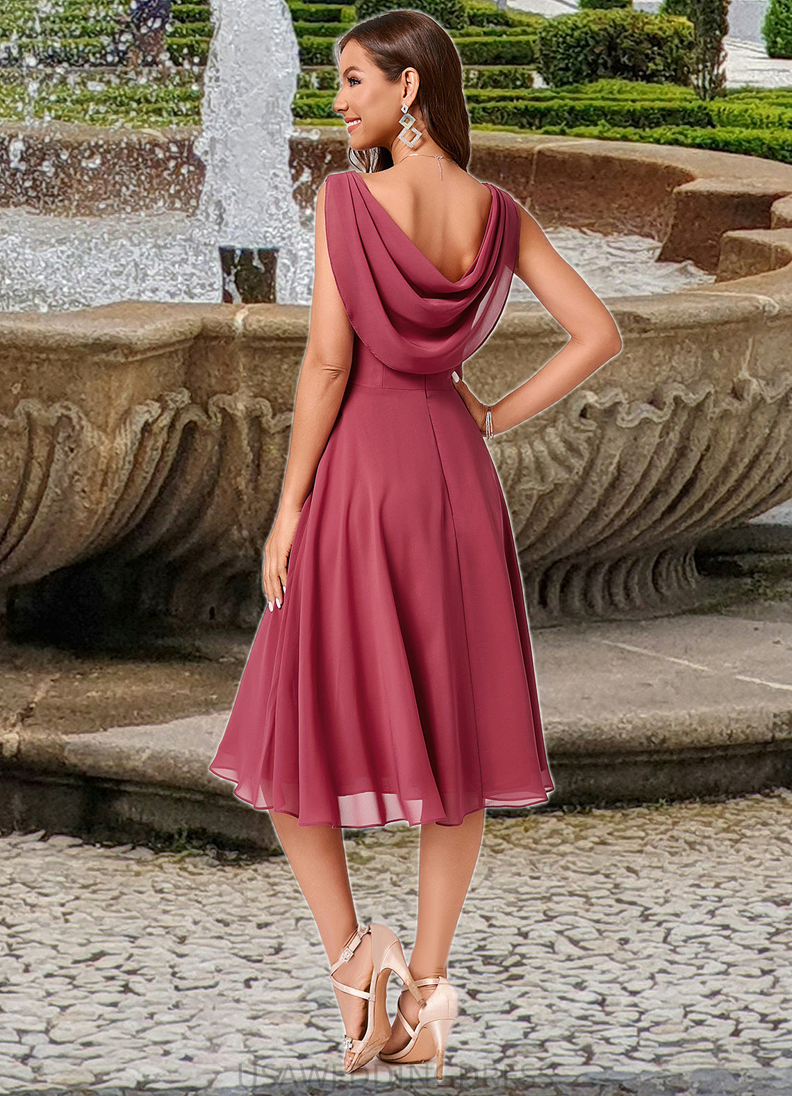 Hope A-line Cowl Knee-Length Chiffon Cocktail Dress With Ruffle DSP0022232