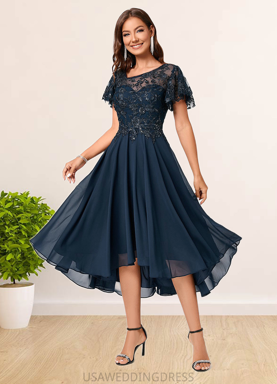 Nathaly A-line Asymmetrical Asymmetrical Chiffon Lace Cocktail Dress With Ruffle Sequins DSP0022235