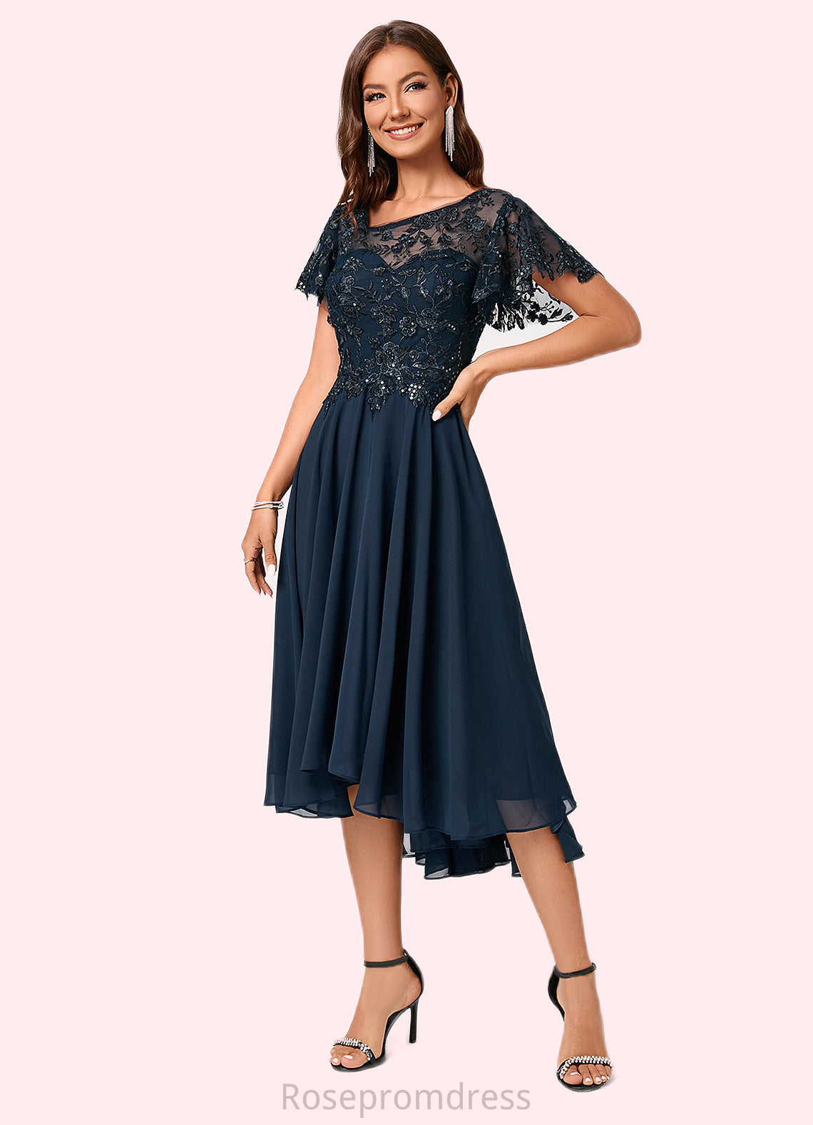 Salome A-line Asymmetrical Asymmetrical Chiffon Lace Cocktail Dress With Ruffle Sequins SRSP0022235