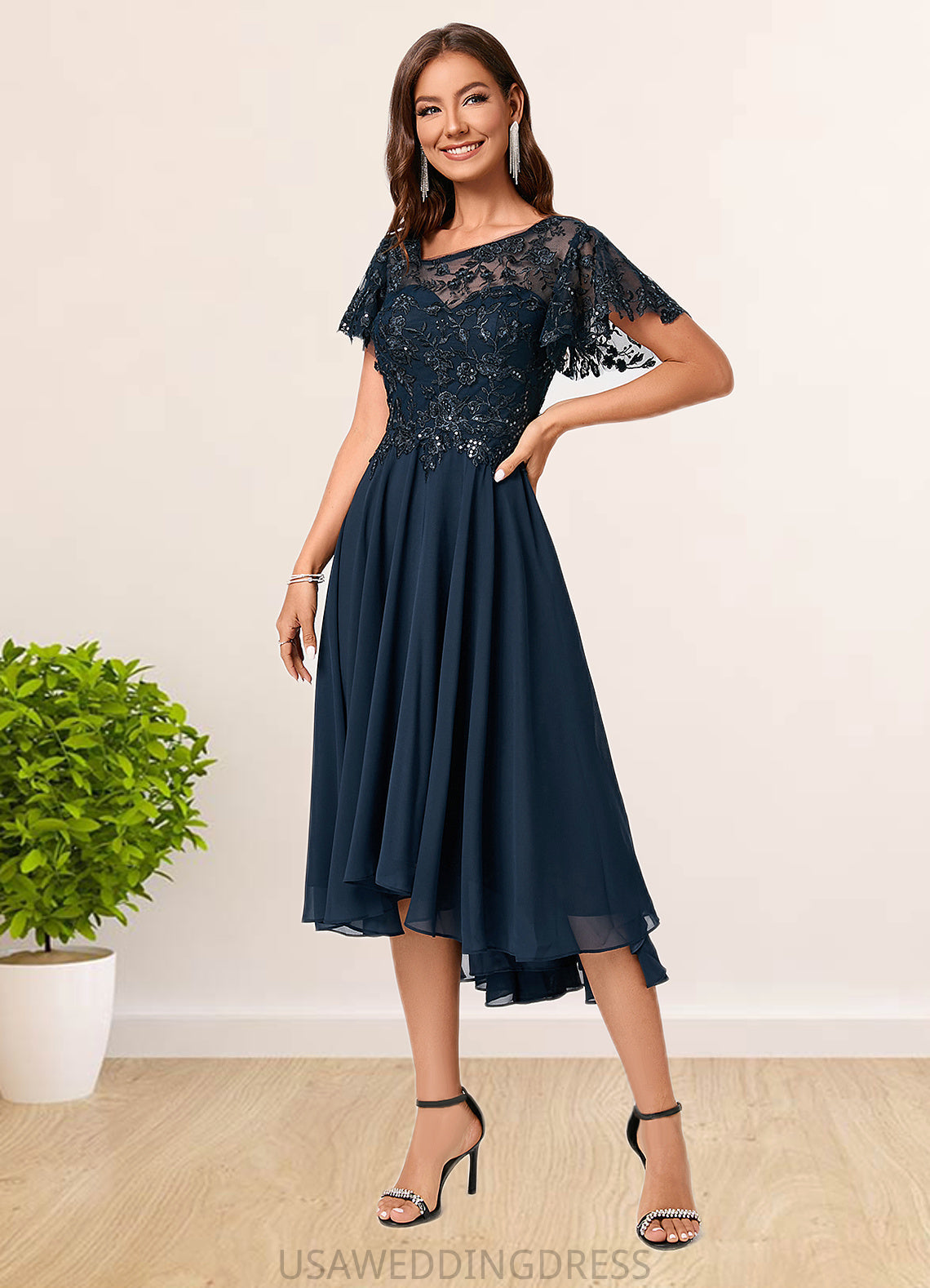 Nathaly A-line Asymmetrical Asymmetrical Chiffon Lace Cocktail Dress With Ruffle Sequins DSP0022235