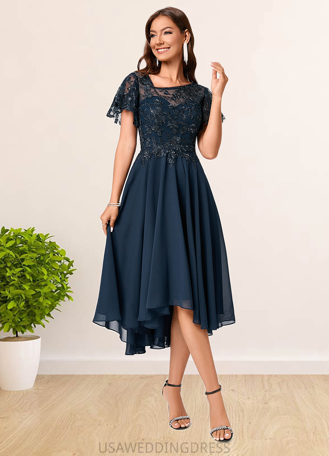 Nathaly A-line Asymmetrical Asymmetrical Chiffon Lace Cocktail Dress With Ruffle Sequins DSP0022235