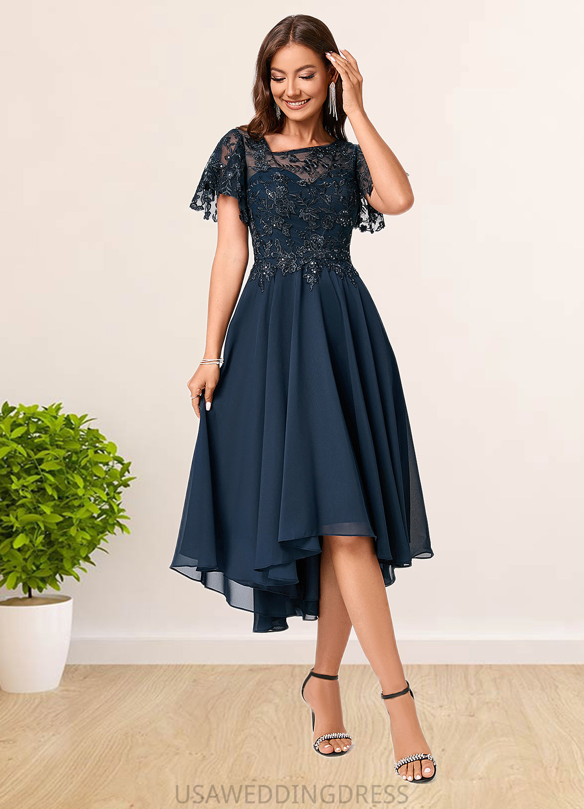 Nathaly A-line Asymmetrical Asymmetrical Chiffon Lace Cocktail Dress With Ruffle Sequins DSP0022235