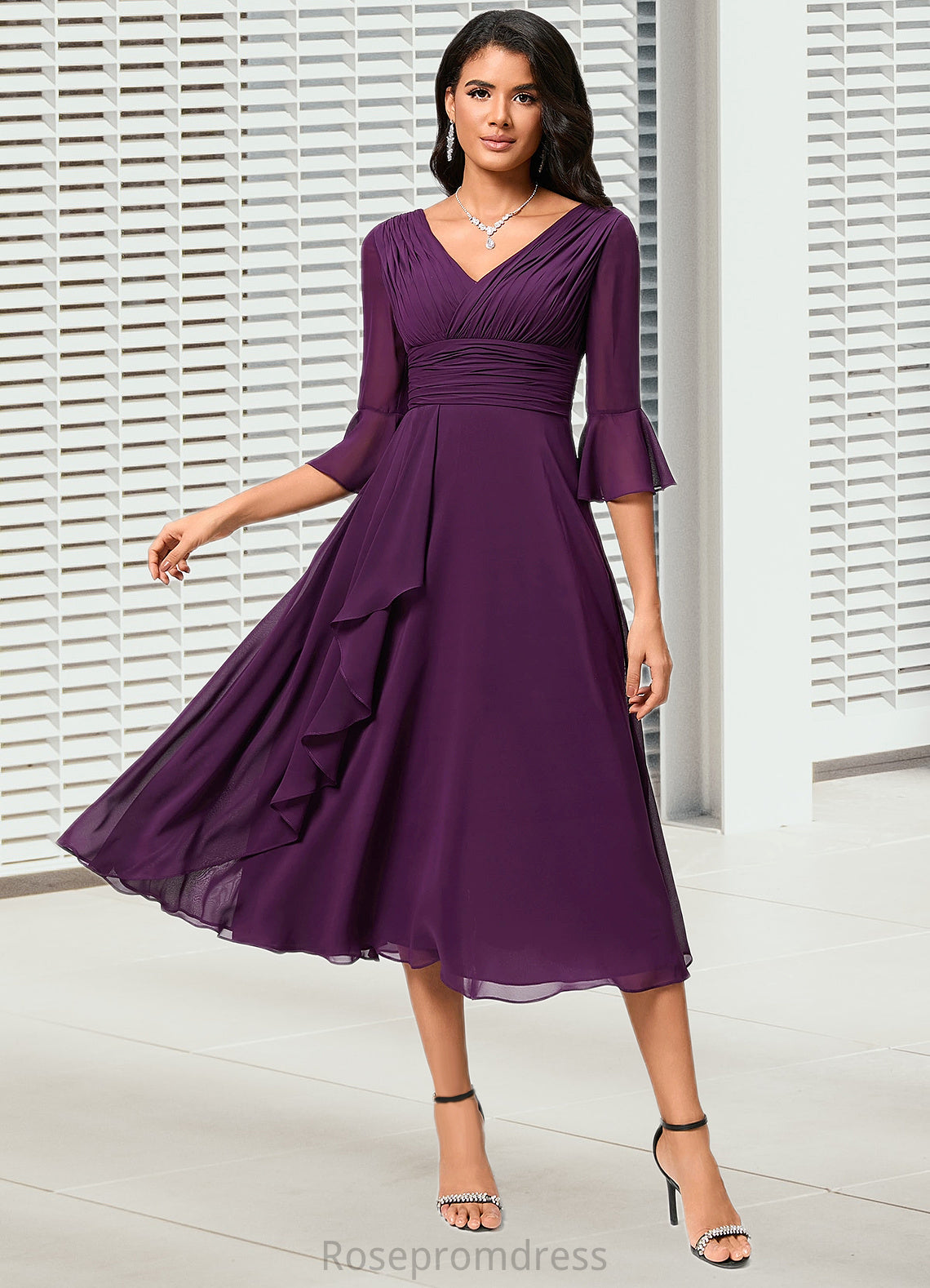 Tanya A-line V-Neck Tea-Length Chiffon Cocktail Dress With Ruffle SRSP0022236