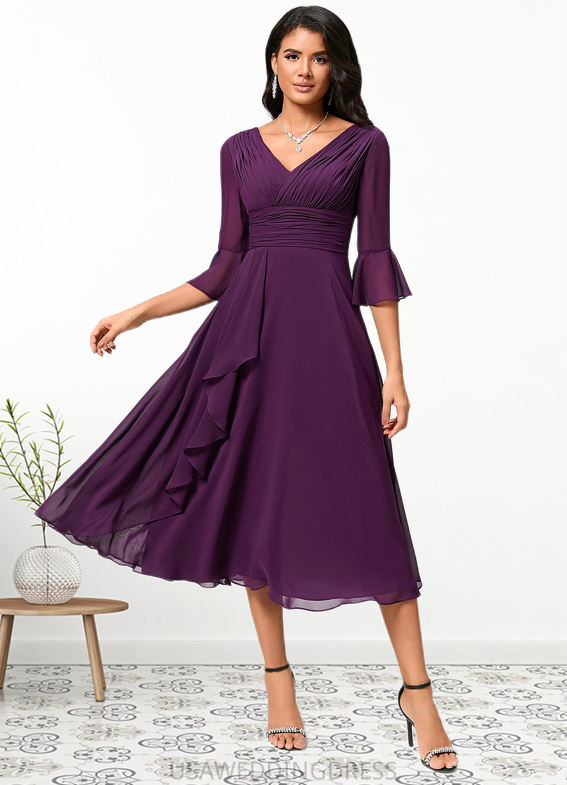 Alejandra A-line V-Neck Tea-Length Chiffon Cocktail Dress With Ruffle DSP0022236