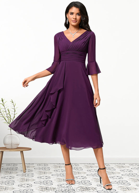 Alejandra A-line V-Neck Tea-Length Chiffon Cocktail Dress With Ruffle DSP0022236
