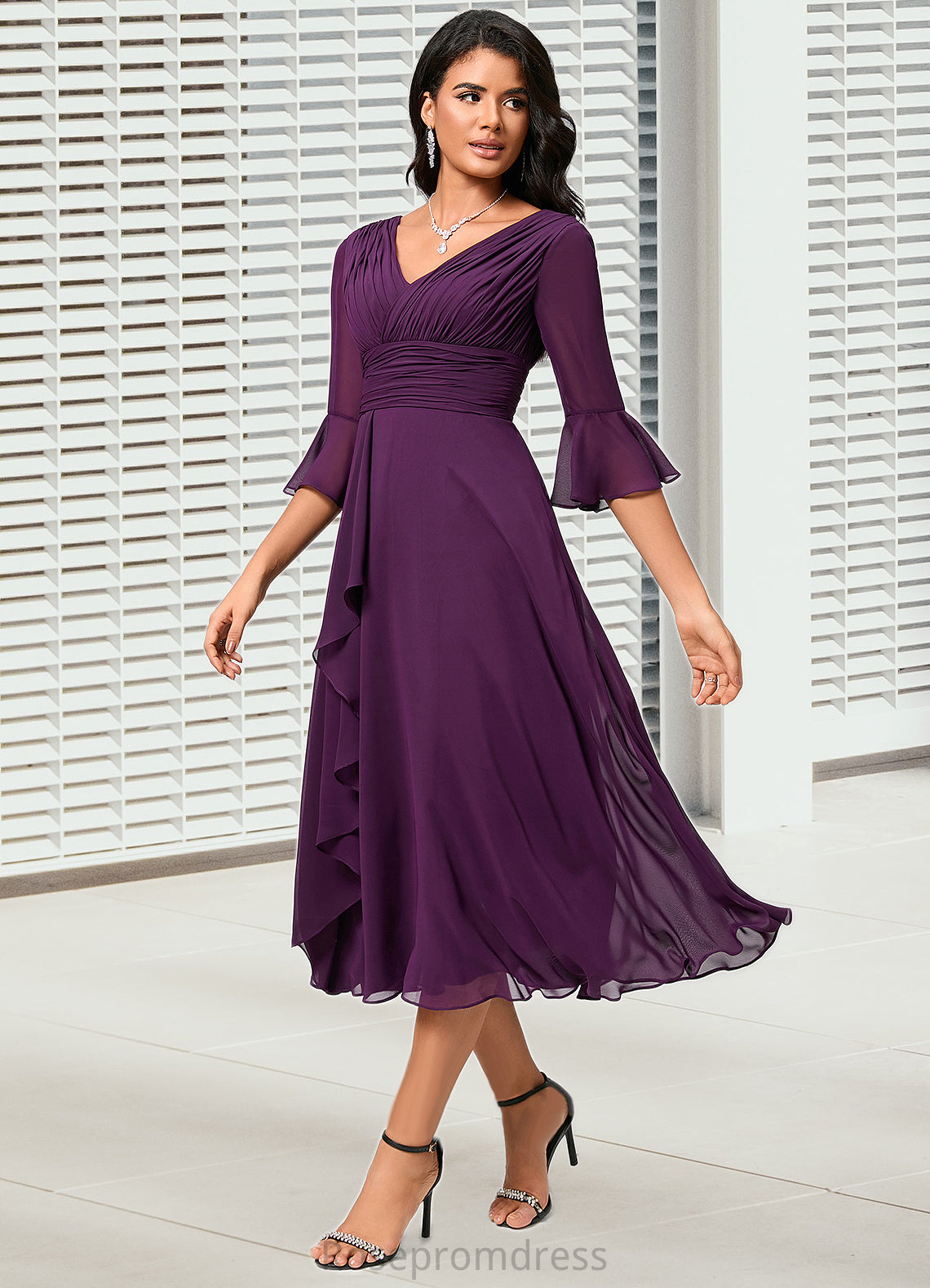 Tanya A-line V-Neck Tea-Length Chiffon Cocktail Dress With Ruffle SRSP0022236