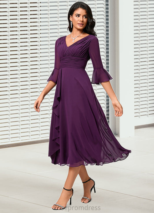 Tanya A-line V-Neck Tea-Length Chiffon Cocktail Dress With Ruffle SRSP0022236