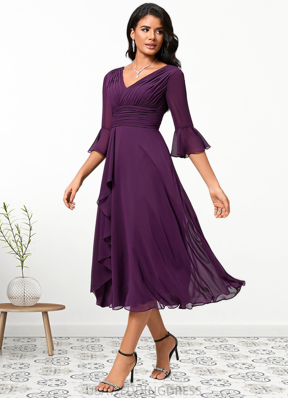 Alejandra A-line V-Neck Tea-Length Chiffon Cocktail Dress With Ruffle DSP0022236