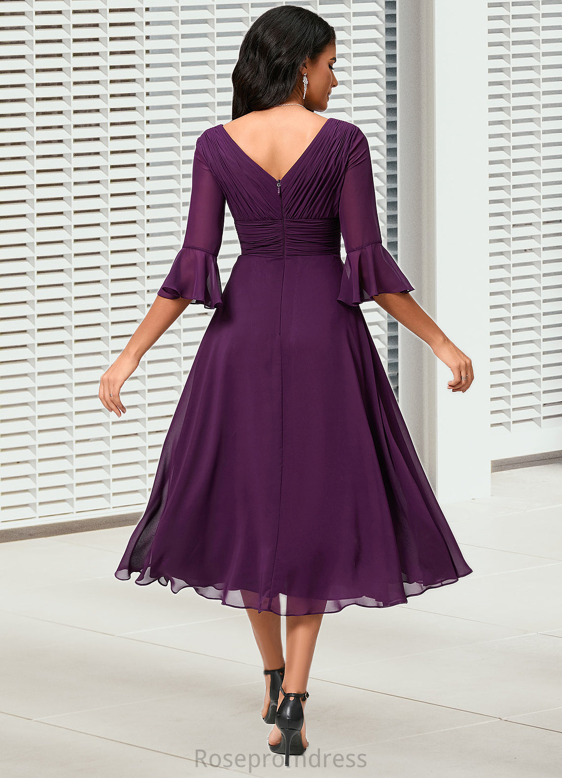 Tanya A-line V-Neck Tea-Length Chiffon Cocktail Dress With Ruffle SRSP0022236