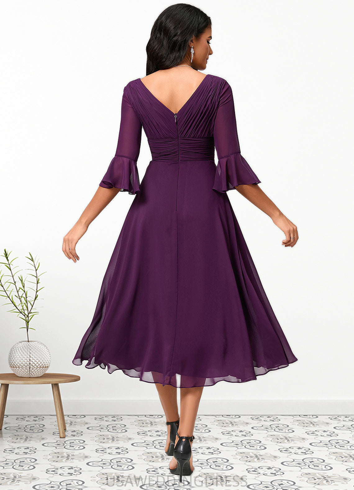 Alejandra A-line V-Neck Tea-Length Chiffon Cocktail Dress With Ruffle DSP0022236