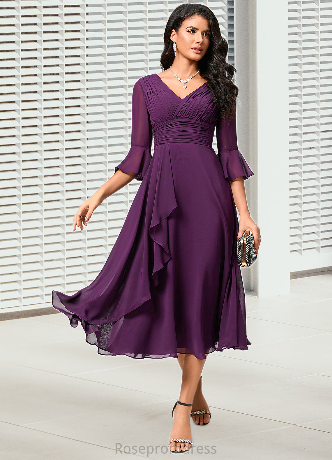 Tanya A-line V-Neck Tea-Length Chiffon Cocktail Dress With Ruffle SRSP0022236