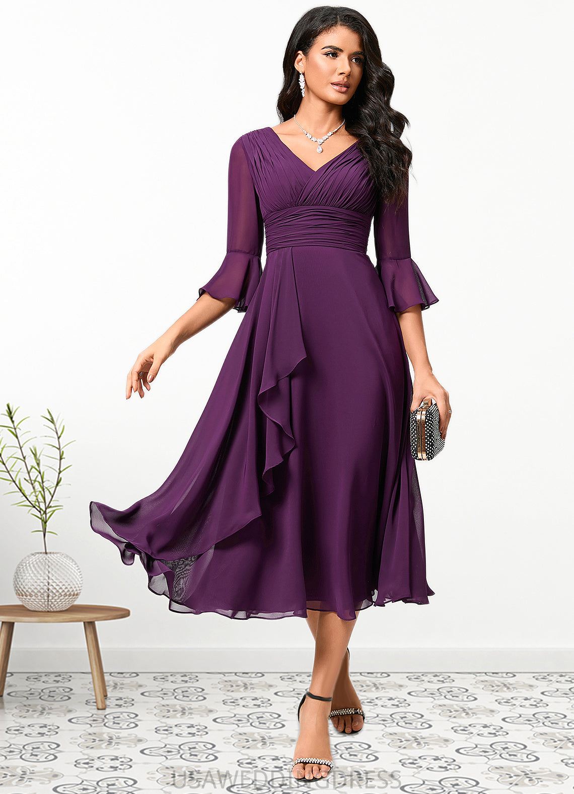 Alejandra A-line V-Neck Tea-Length Chiffon Cocktail Dress With Ruffle DSP0022236