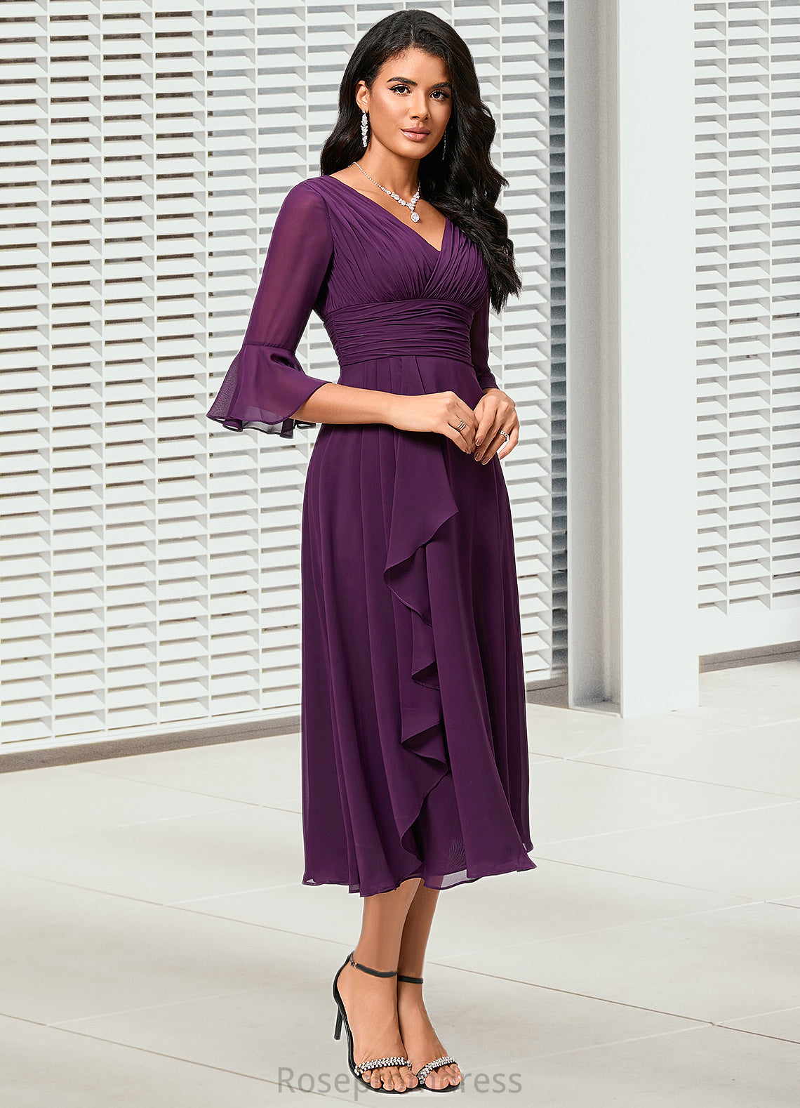 Tanya A-line V-Neck Tea-Length Chiffon Cocktail Dress With Ruffle SRSP0022236