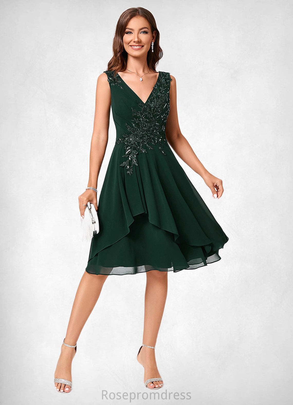 Erika A-line V-Neck Knee-Length Chiffon Lace Cocktail Dress With Appliques Lace Sequins SRSP0022237