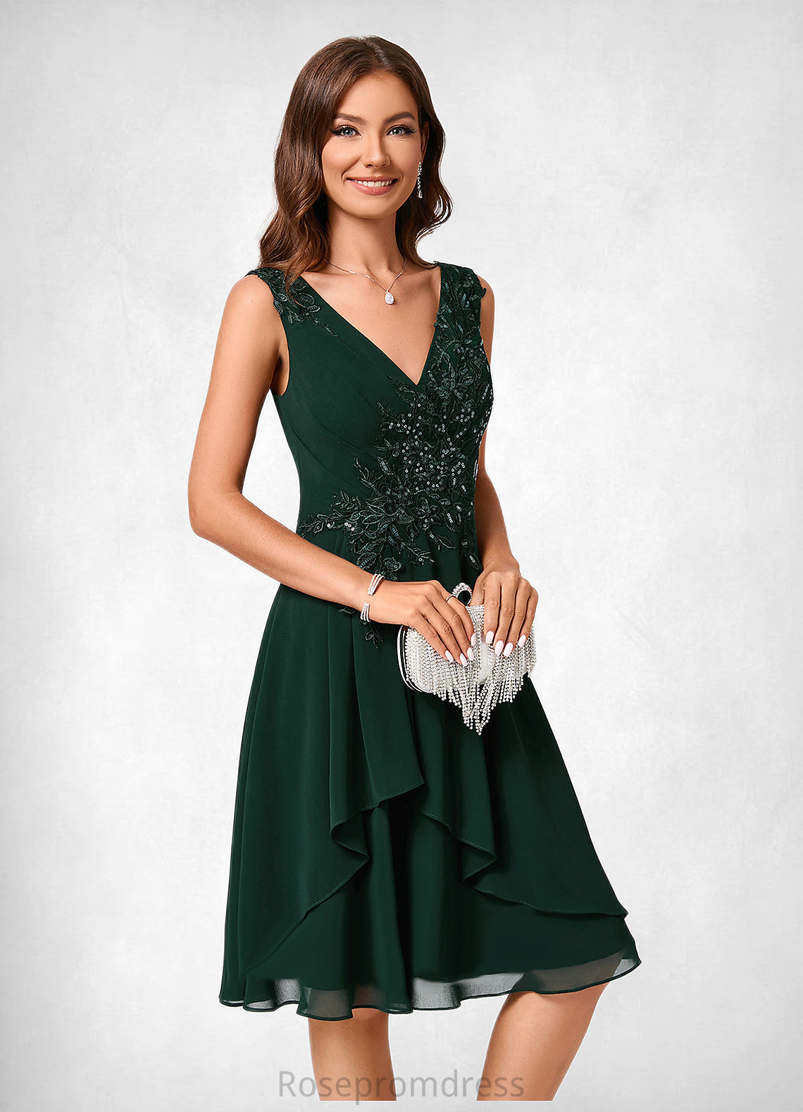 Erika A-line V-Neck Knee-Length Chiffon Lace Cocktail Dress With Appliques Lace Sequins SRSP0022237