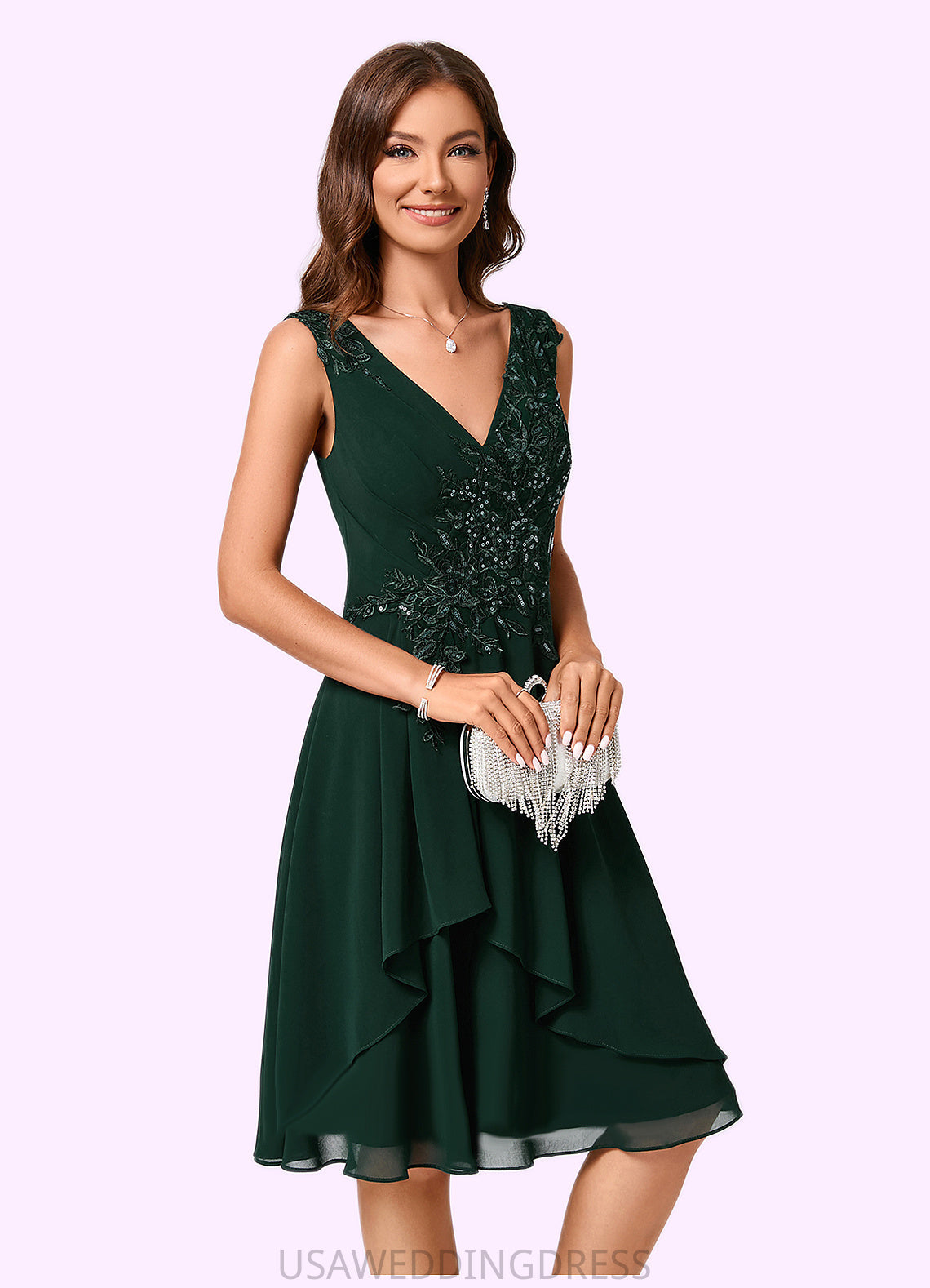 Mylie A-line V-Neck Knee-Length Chiffon Lace Cocktail Dress With Appliques Lace Sequins DSP0022237