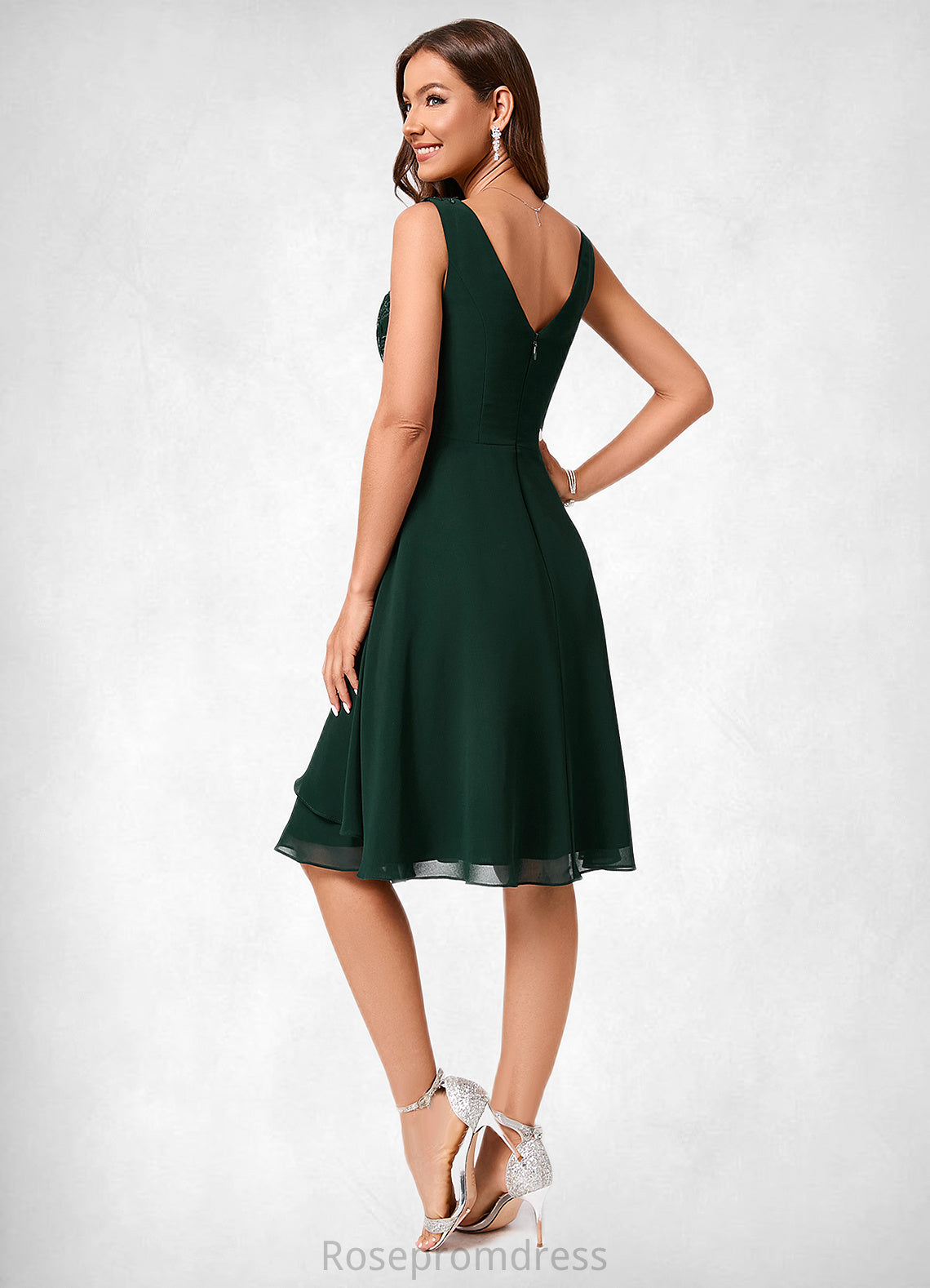 Erika A-line V-Neck Knee-Length Chiffon Lace Cocktail Dress With Appliques Lace Sequins SRSP0022237