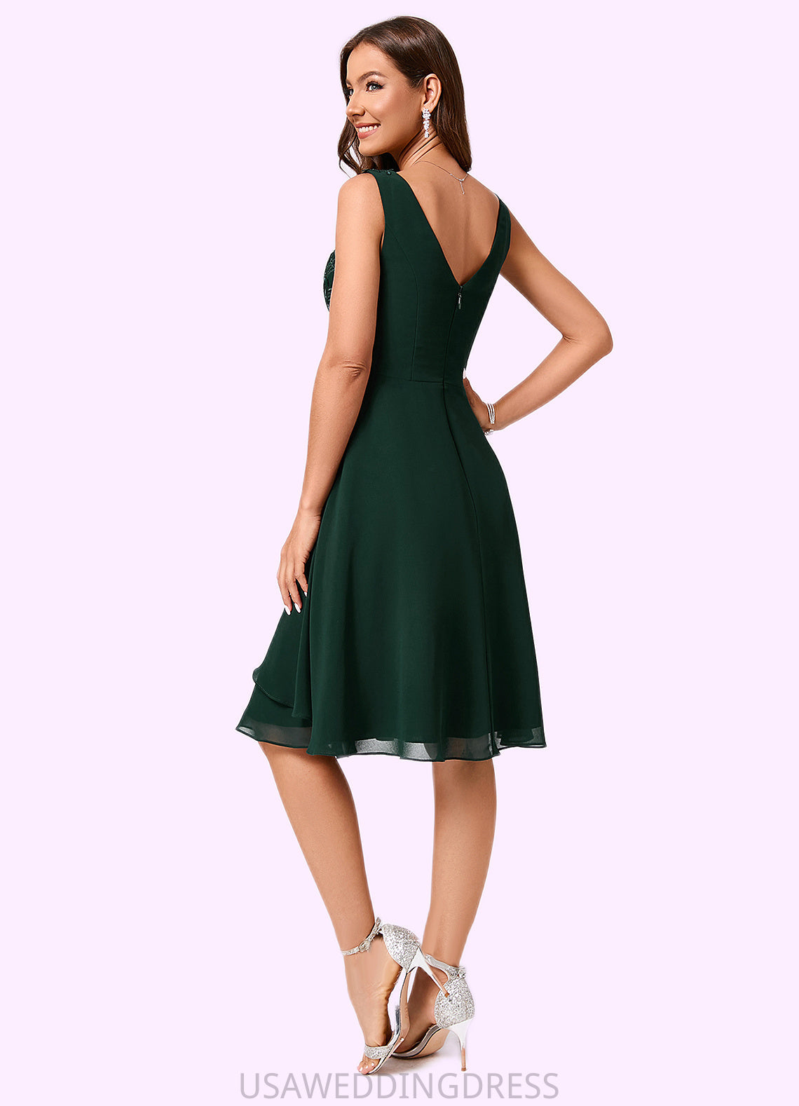 Mylie A-line V-Neck Knee-Length Chiffon Lace Cocktail Dress With Appliques Lace Sequins DSP0022237