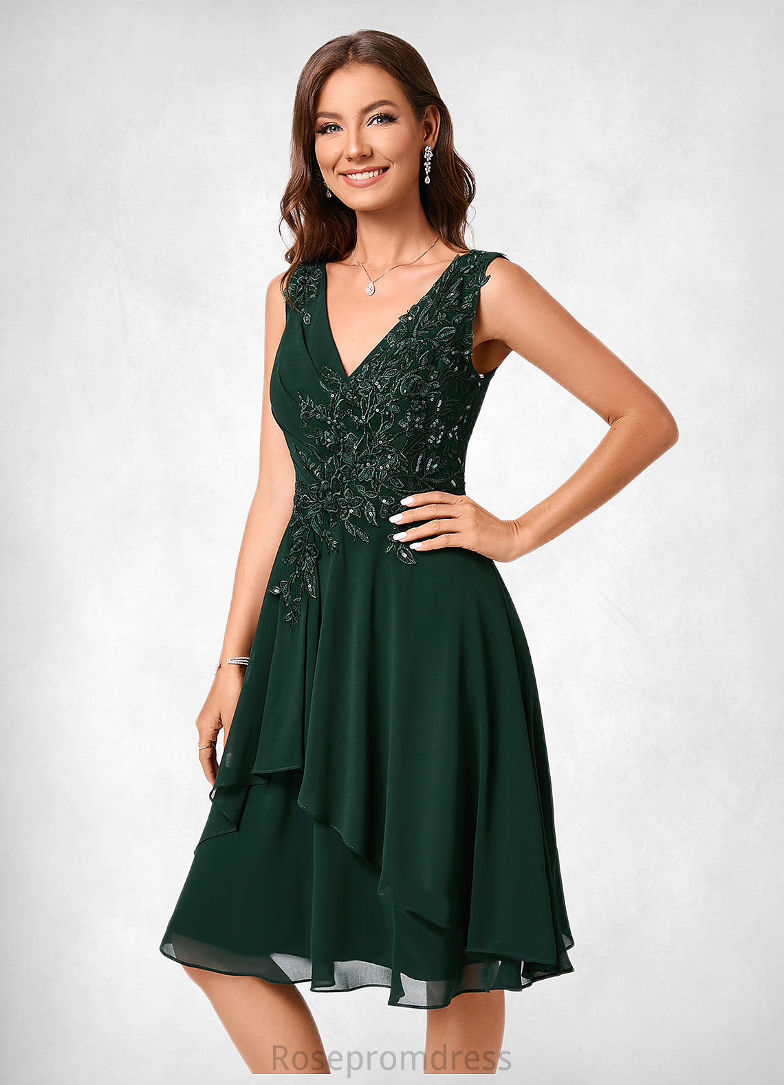Erika A-line V-Neck Knee-Length Chiffon Lace Cocktail Dress With Appliques Lace Sequins SRSP0022237