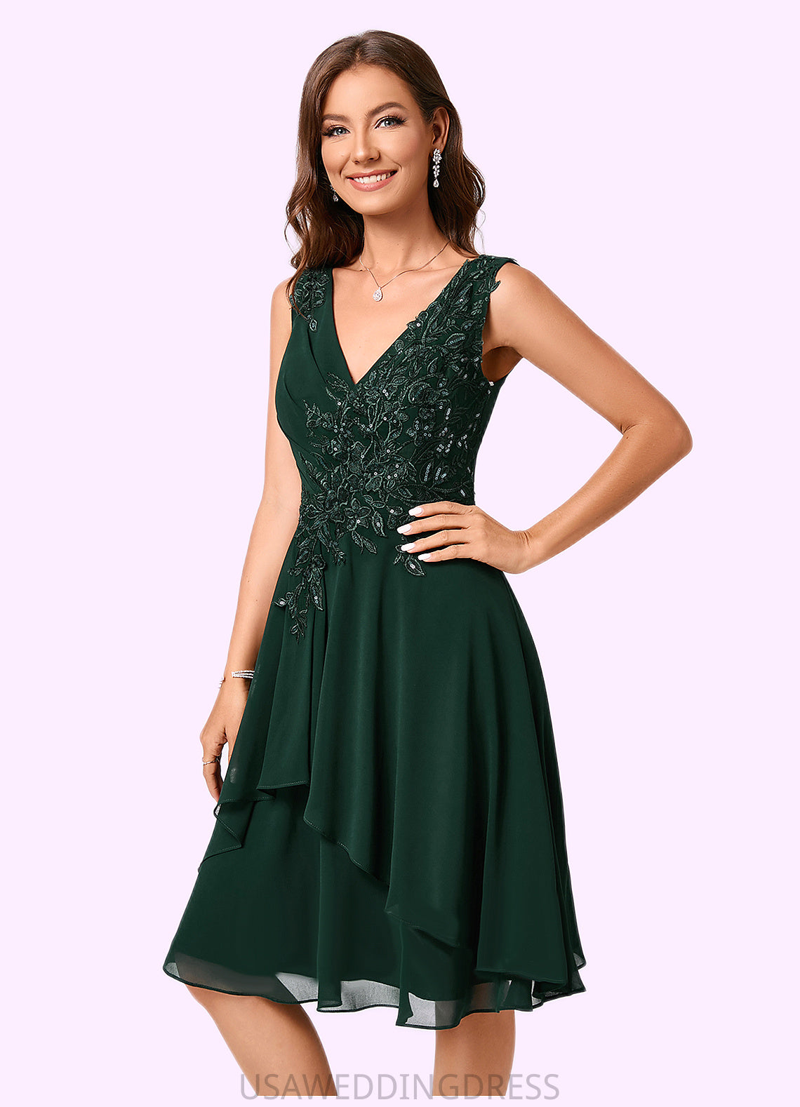 Mylie A-line V-Neck Knee-Length Chiffon Lace Cocktail Dress With Appliques Lace Sequins DSP0022237