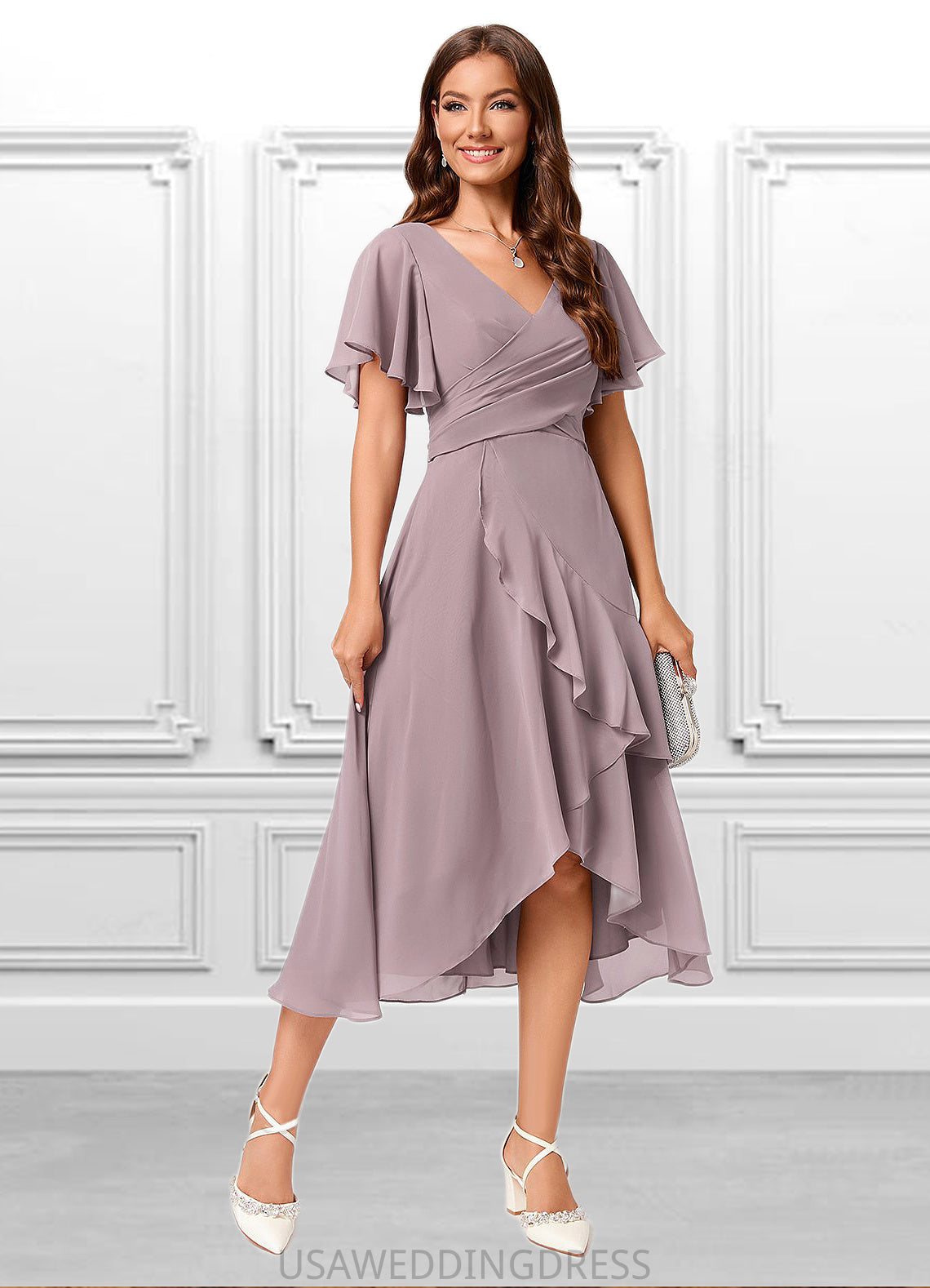 Janelle A-line V-Neck Asymmetrical Chiffon Cocktail Dress With Cascading Ruffles Ruffle DSP0022238