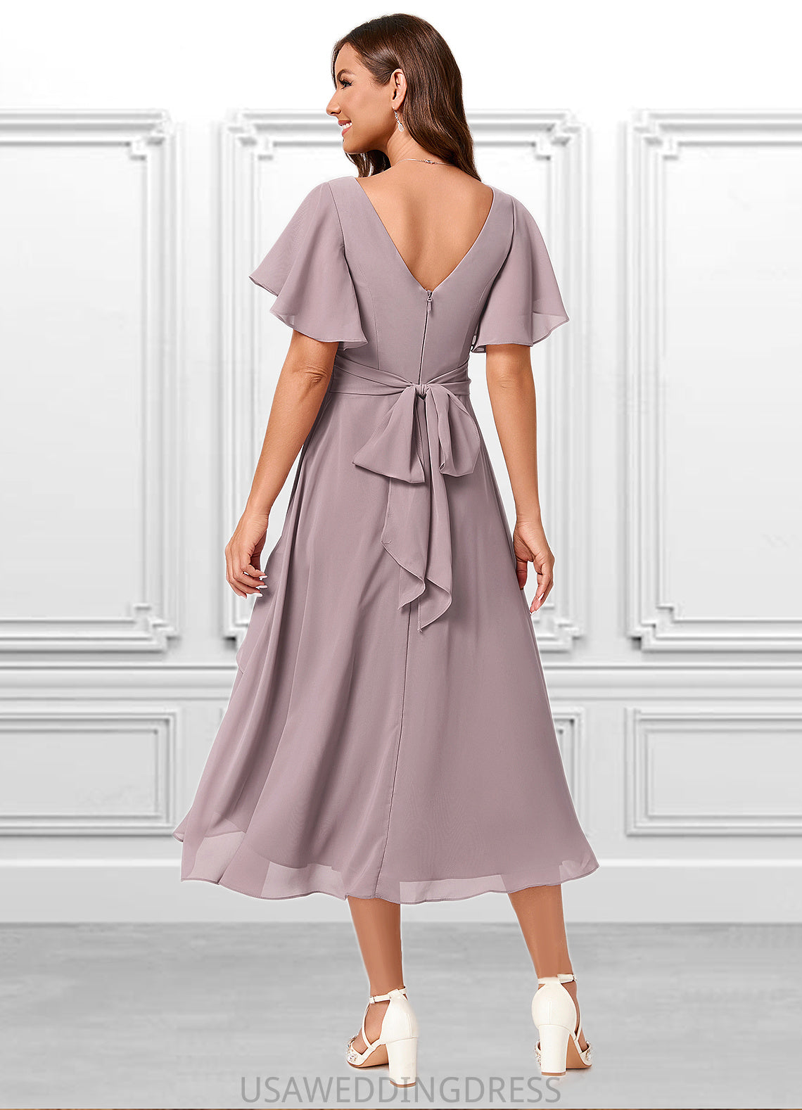Janelle A-line V-Neck Asymmetrical Chiffon Cocktail Dress With Cascading Ruffles Ruffle DSP0022238