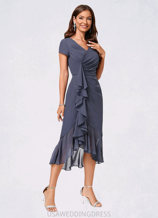 Tamara Sheath/Column V-Neck Asymmetrical Chiffon Cocktail Dress With Cascading Ruffles Ruffle DSP0022239