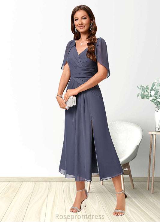 Gianna A-line V-Neck Tea-Length Chiffon Cocktail Dress With Ruffle SRSP0022241