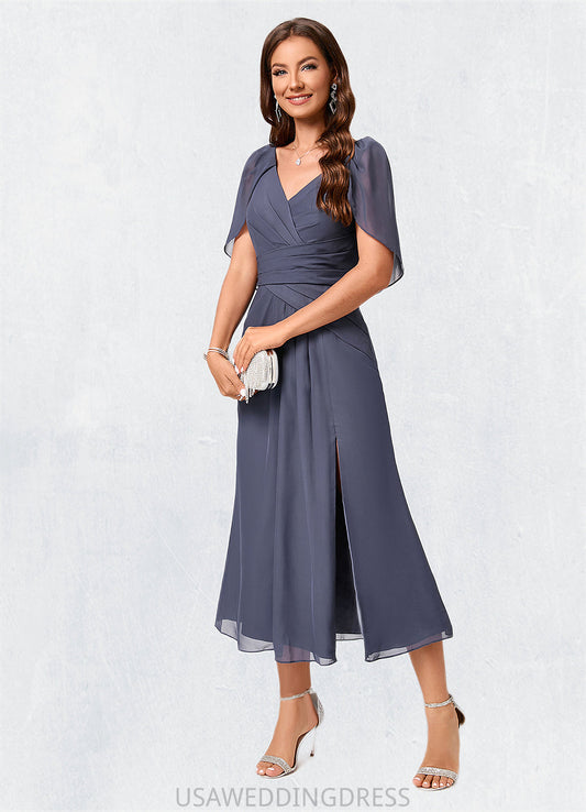 Elisa A-line V-Neck Tea-Length Chiffon Cocktail Dress With Ruffle DSP0022241