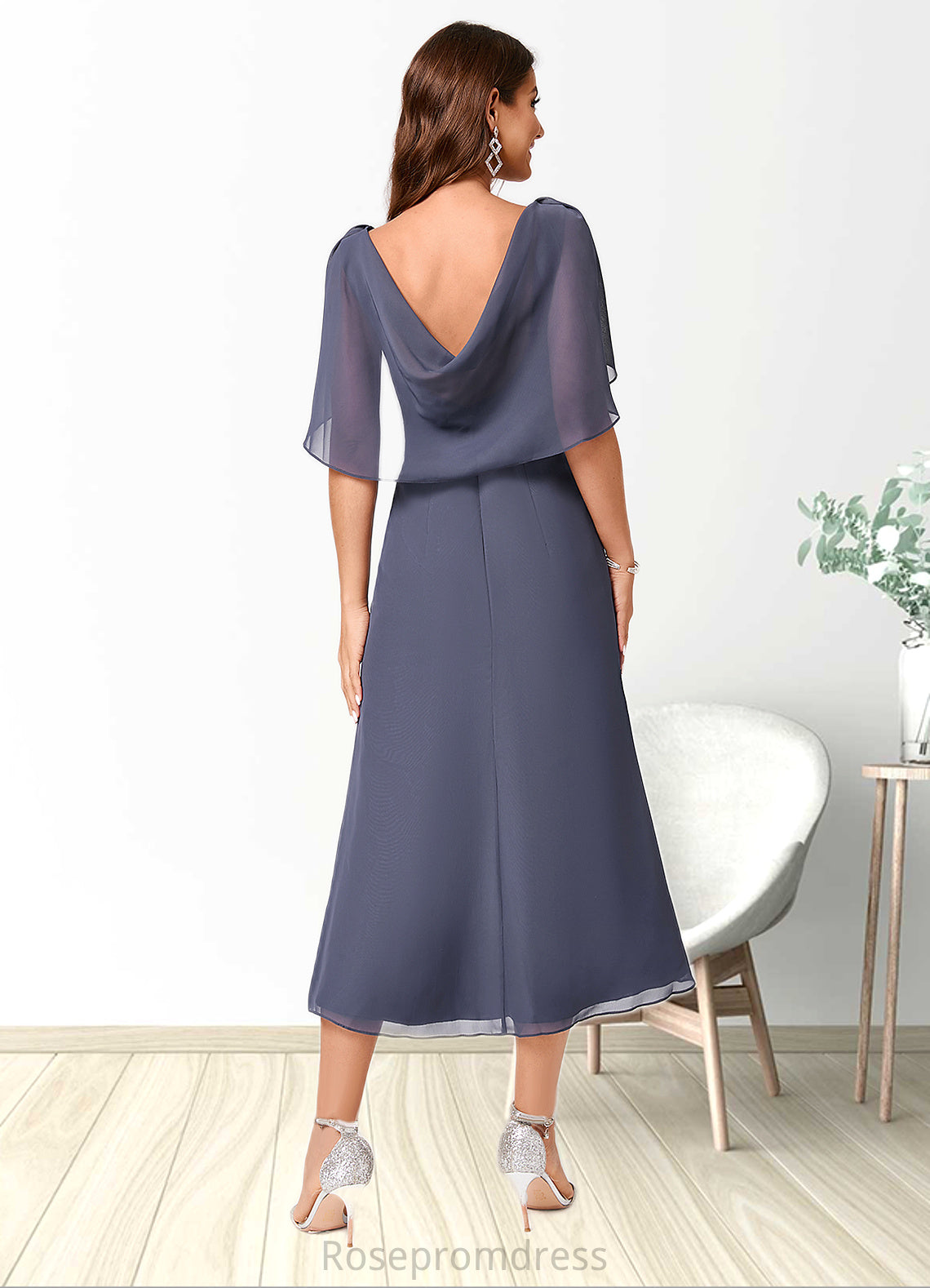 Gianna A-line V-Neck Tea-Length Chiffon Cocktail Dress With Ruffle SRSP0022241