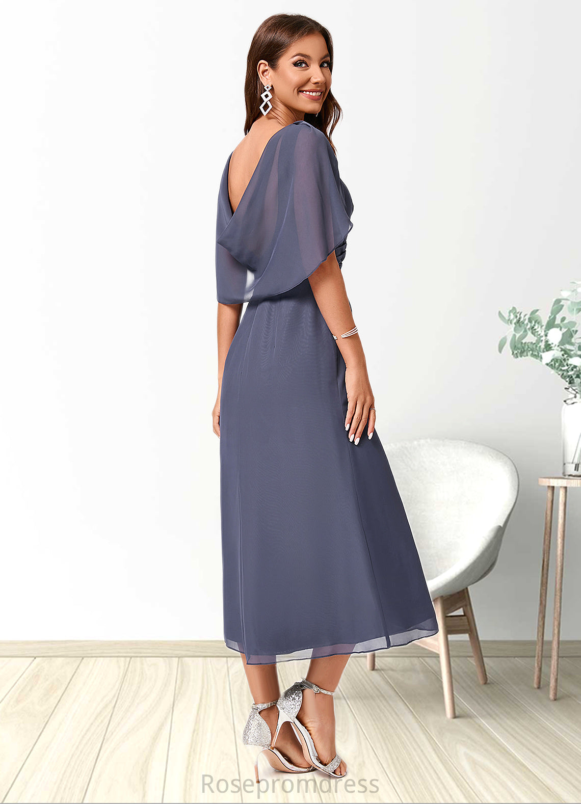 Gianna A-line V-Neck Tea-Length Chiffon Cocktail Dress With Ruffle SRSP0022241