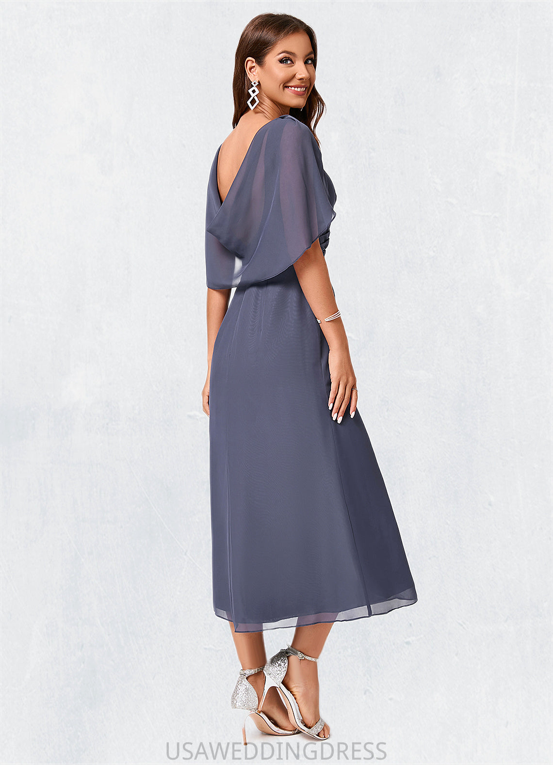 Elisa A-line V-Neck Tea-Length Chiffon Cocktail Dress With Ruffle DSP0022241