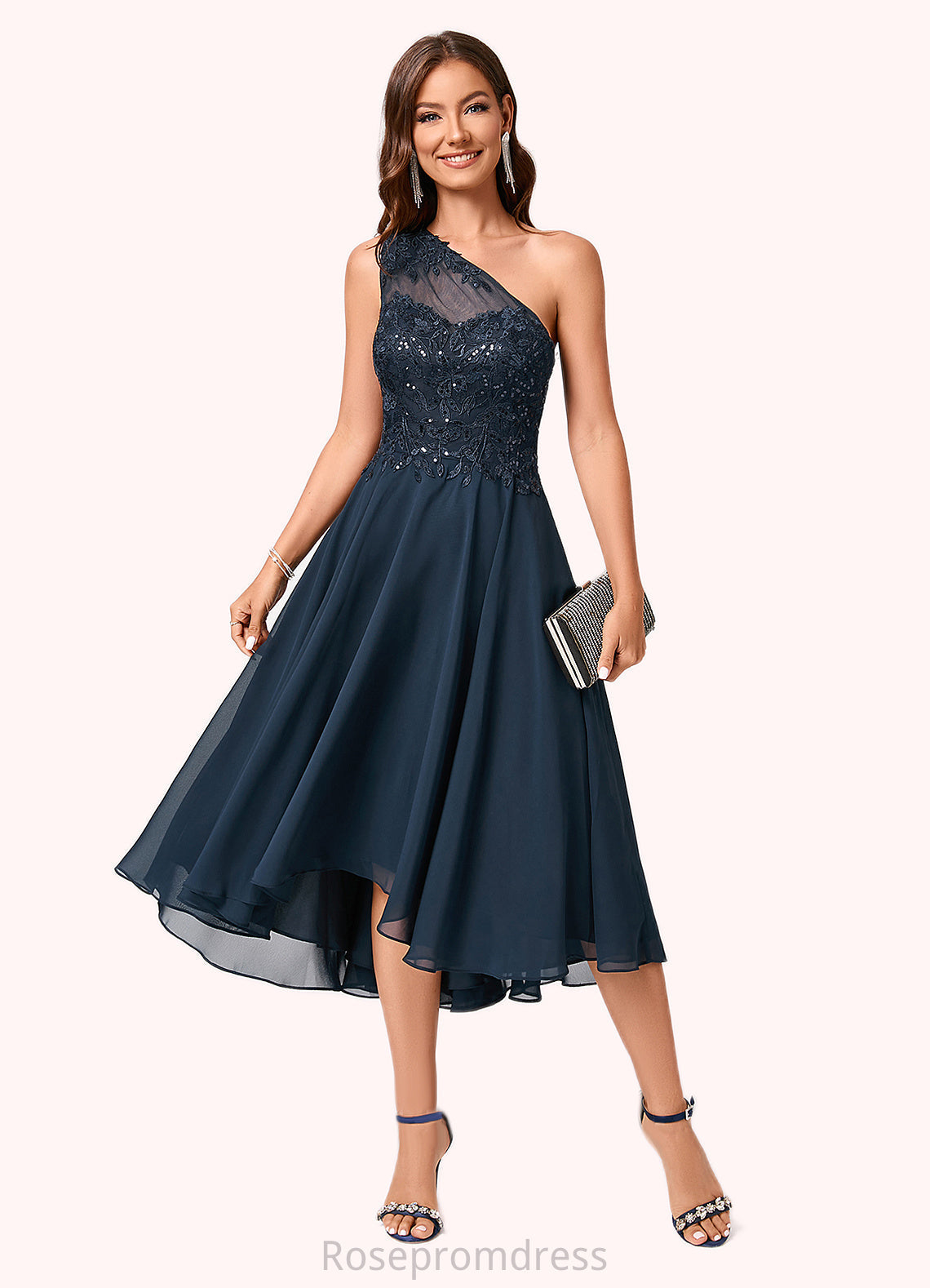 Joanna A-line One Shoulder Asymmetrical Chiffon Lace Sequin Cocktail Dress With Sequins SRSP0022245